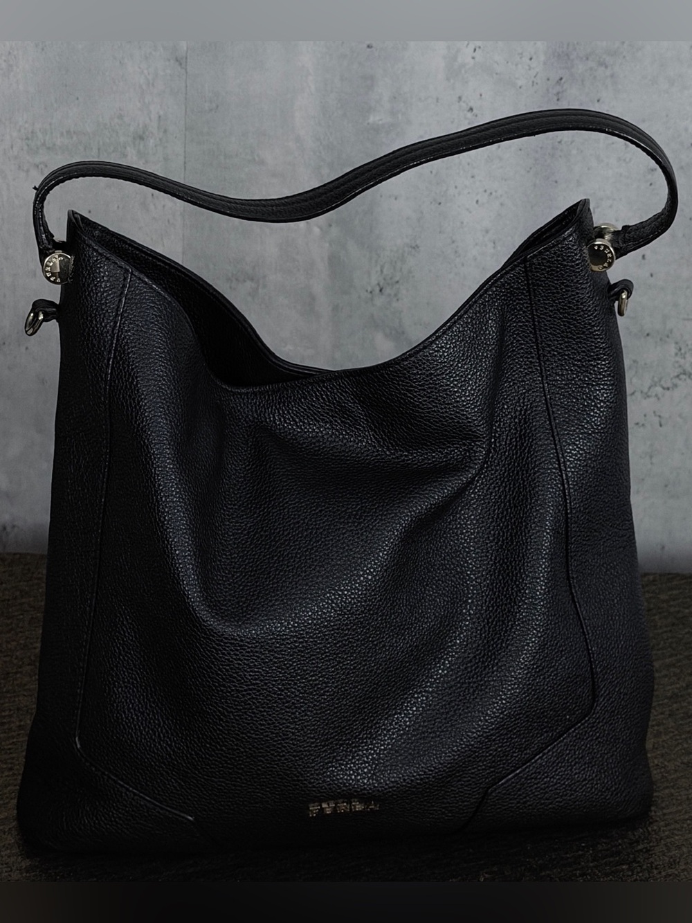 Furla Lara Black Pebbled Leather Hobo Shoulder Bag Large Slouchy Tote Purse Soft